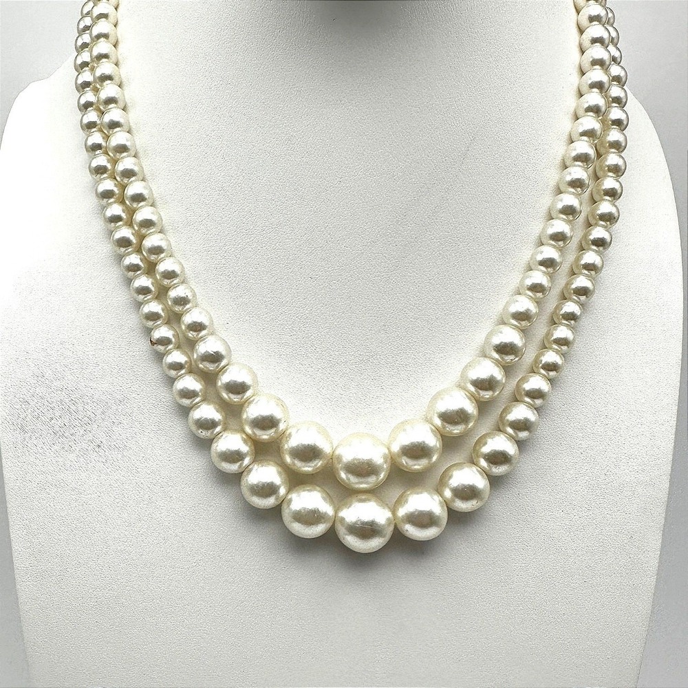 Vintage 90s Double Strand Beads Faux Pearl Necklace Cream Women's Jewelry Retro